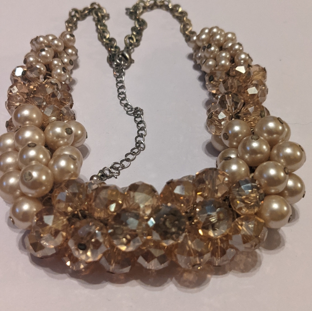 Beaded pearl and crystal cluster statement necklace